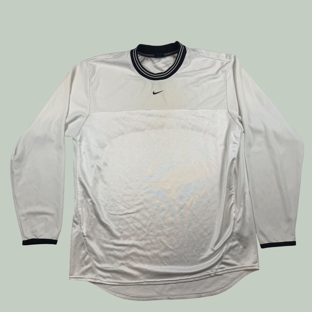 Nike Dri-Fit Long Sleeve Shirt Medium White Black Center Swoosh Y2K Skater
